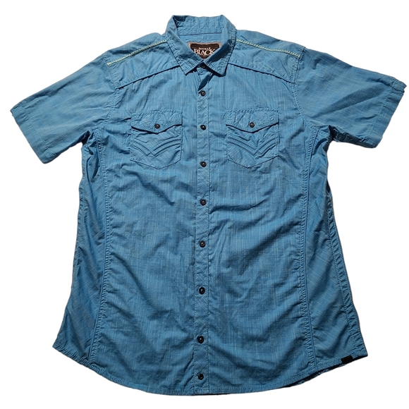 Buckle Black Mens Dungeon Shirt Large Cyan Blue Trim Western Pocket Button S/S - Picture 1 of 7
